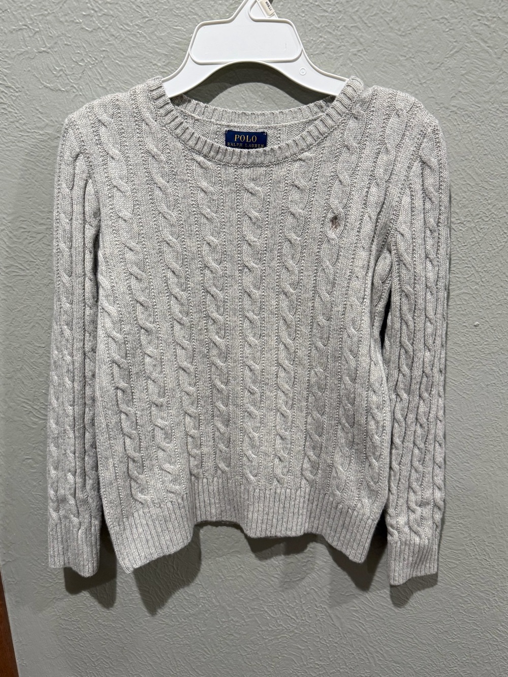 Polo by Ralph Lauren Light Gray Cable Knit Crewneck Sweater Wool Blend Gold Euc - Picture 2 of 6